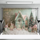 Aperturee - Aperturee Green Pink Snowy Trees Holiday Winter Photo Backdrop